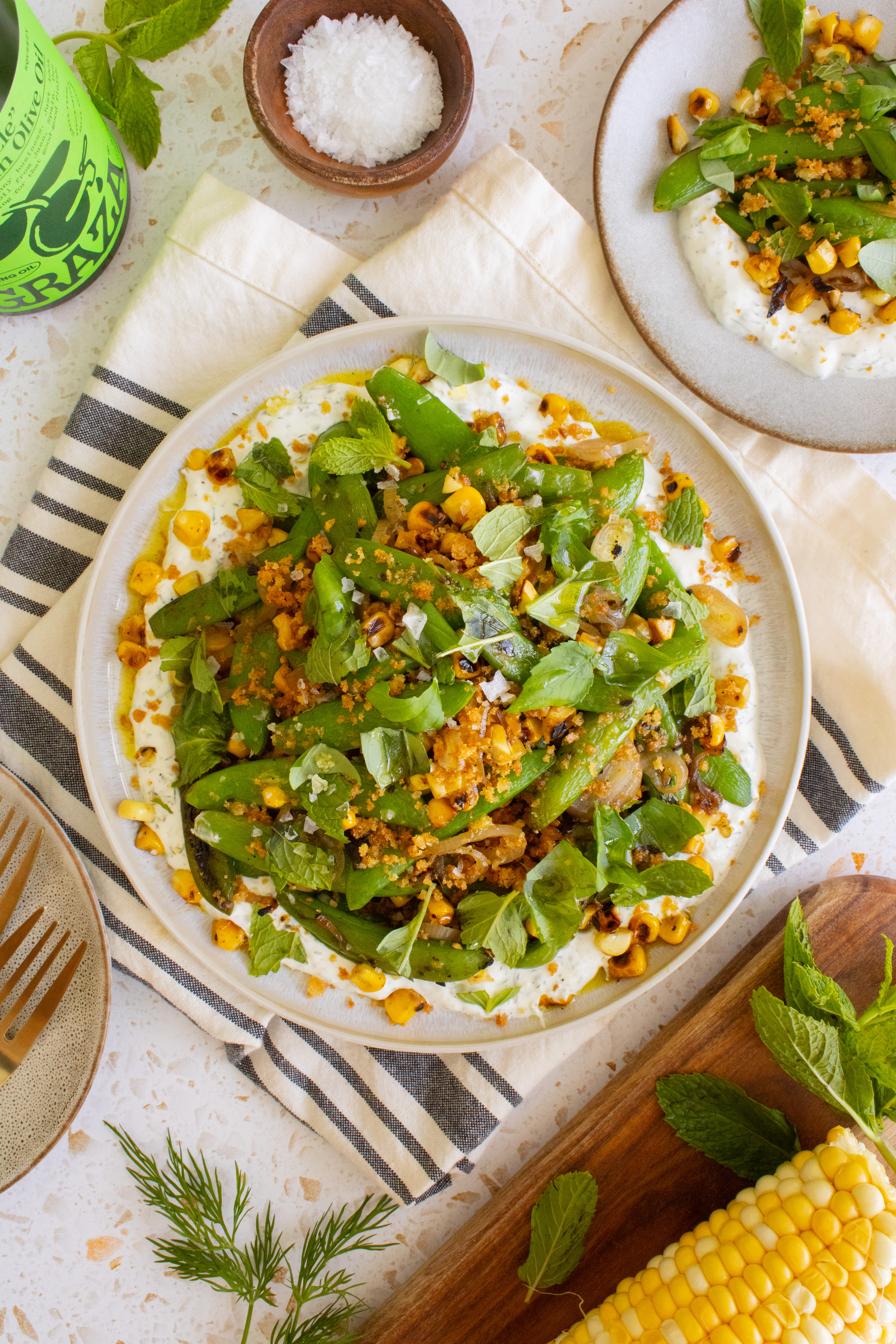 overhead photo of Charred Snap Pea Corn Salad