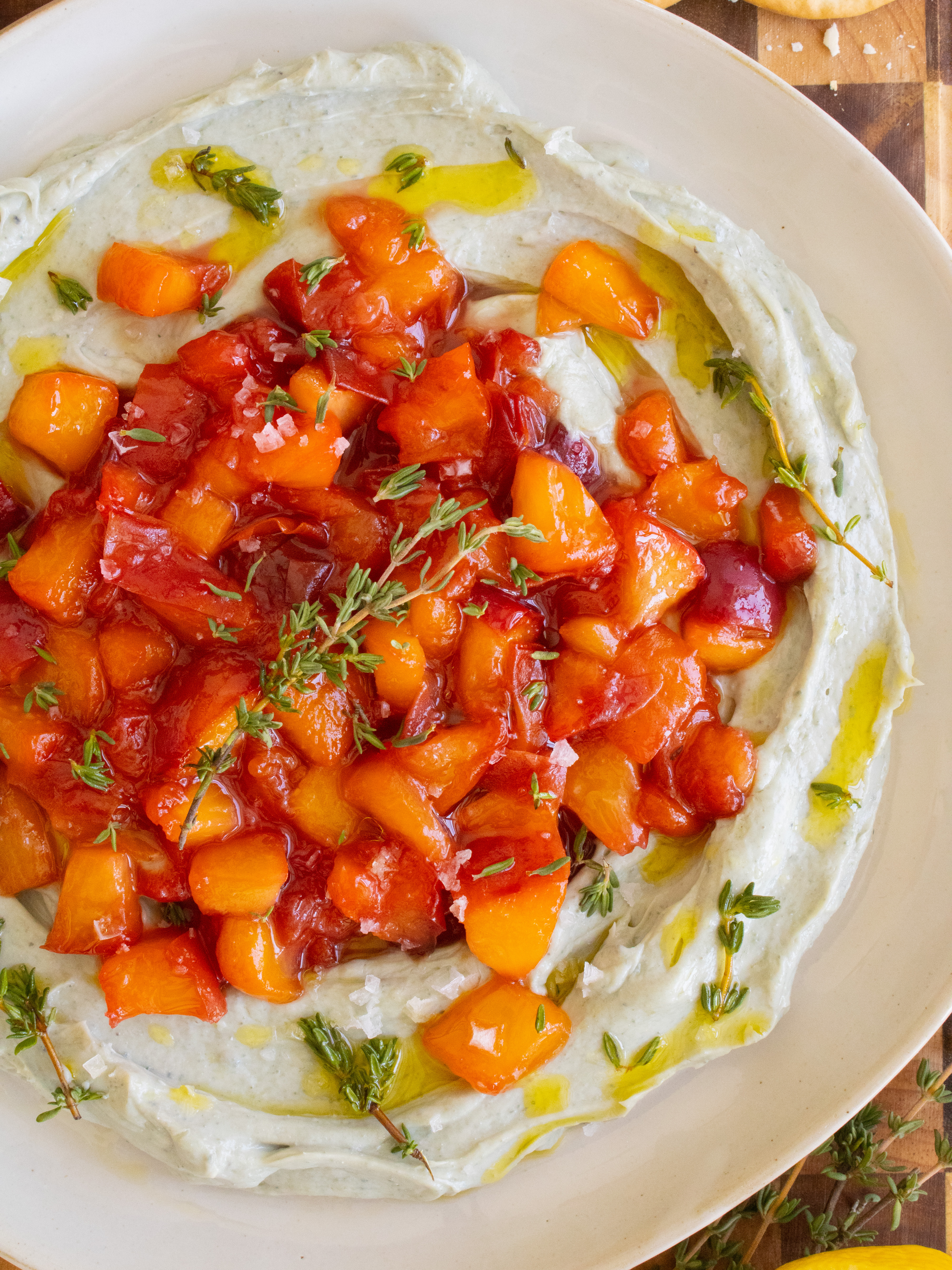 close up of Whipped Bleu Cheese with Peach Compote