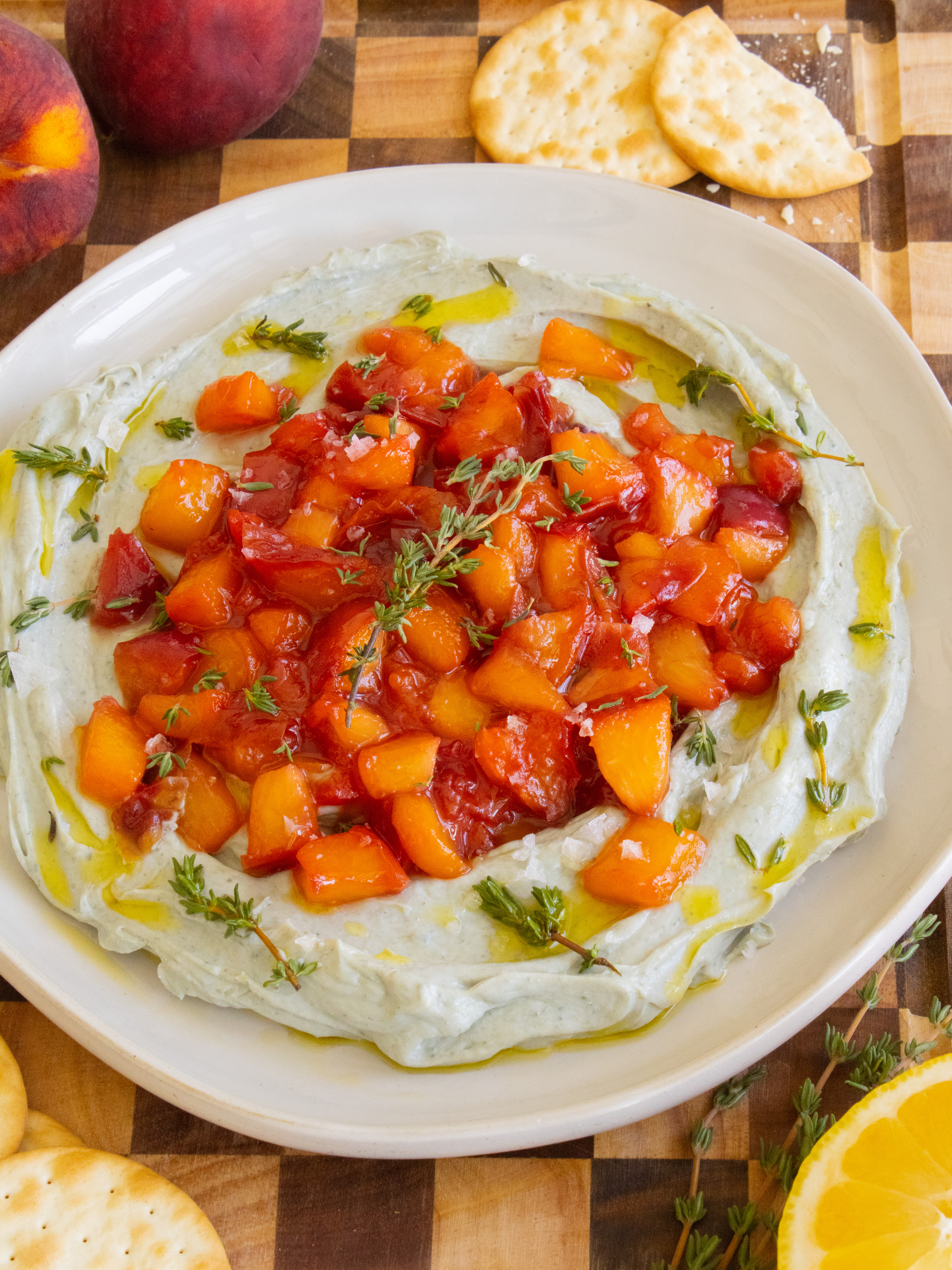 close up of Whipped Bleu Cheese with Peach Compote