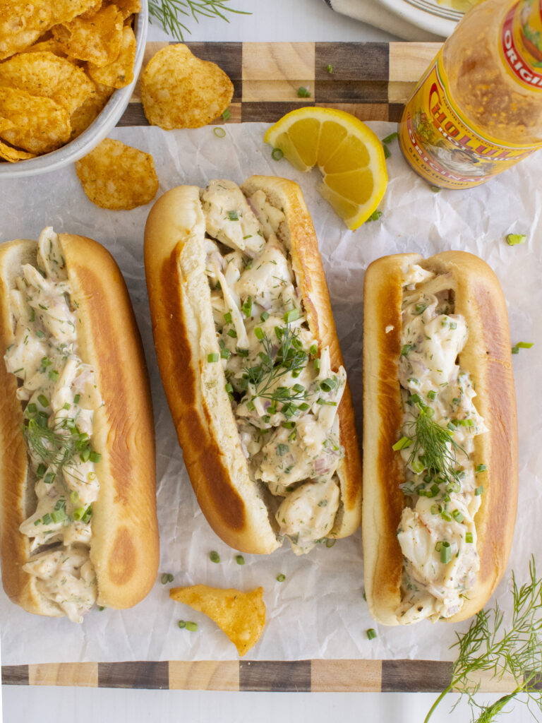 overhead shot of crab rolls on a cutting board