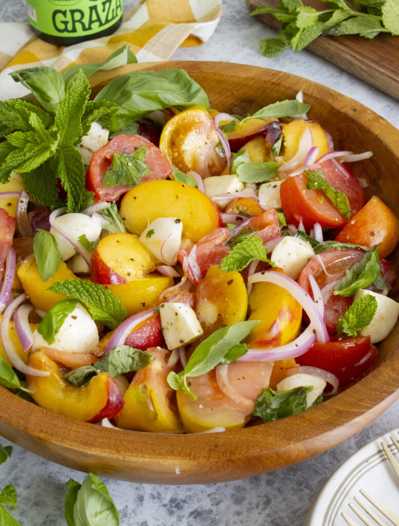 45 degree angle shot of Peach Tomato Salad