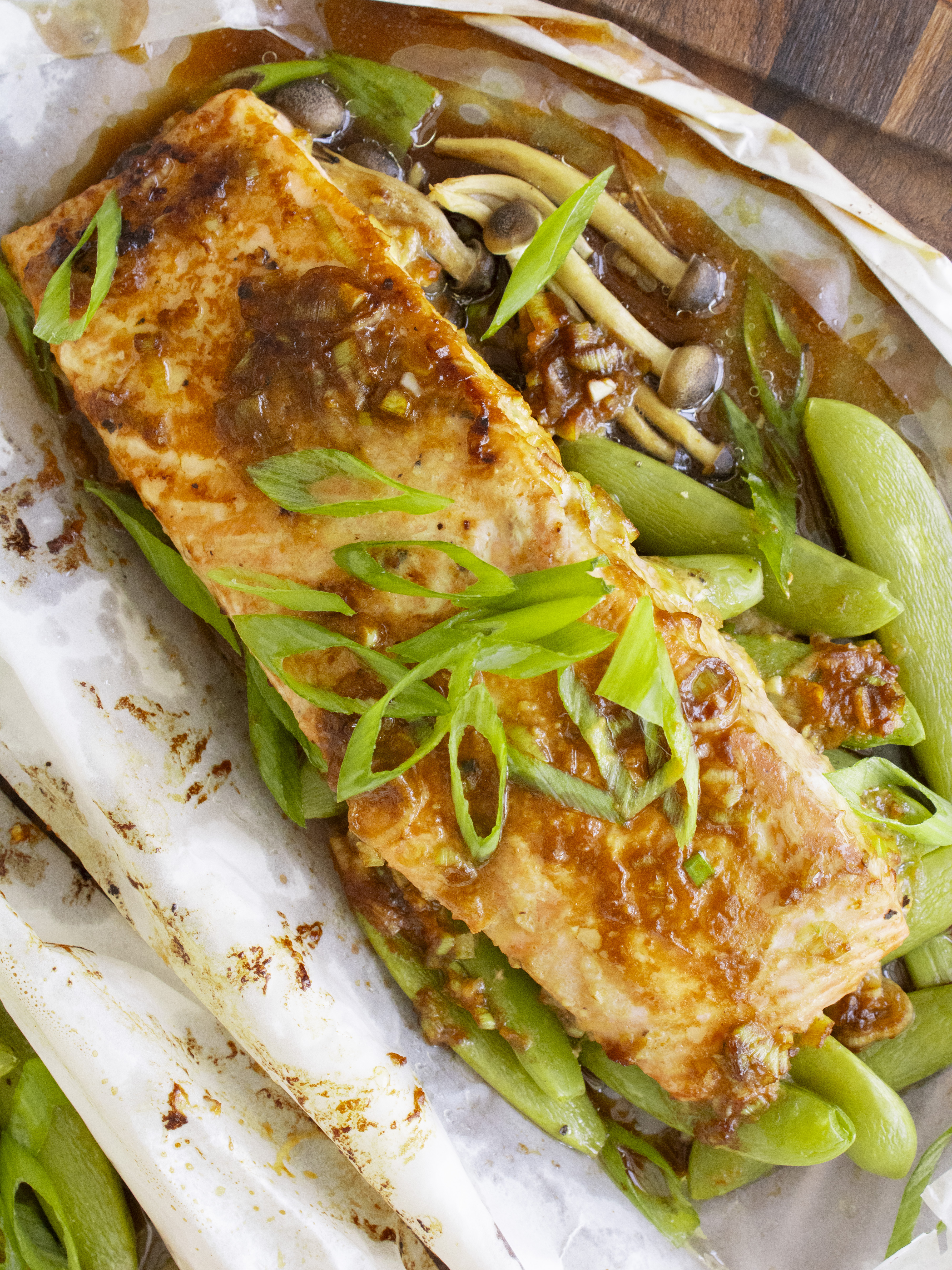 overhead close up of Baked Miso Butter Salmon