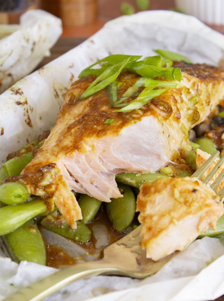 close up of Baked Miso Butter Salmon with a bite taken out