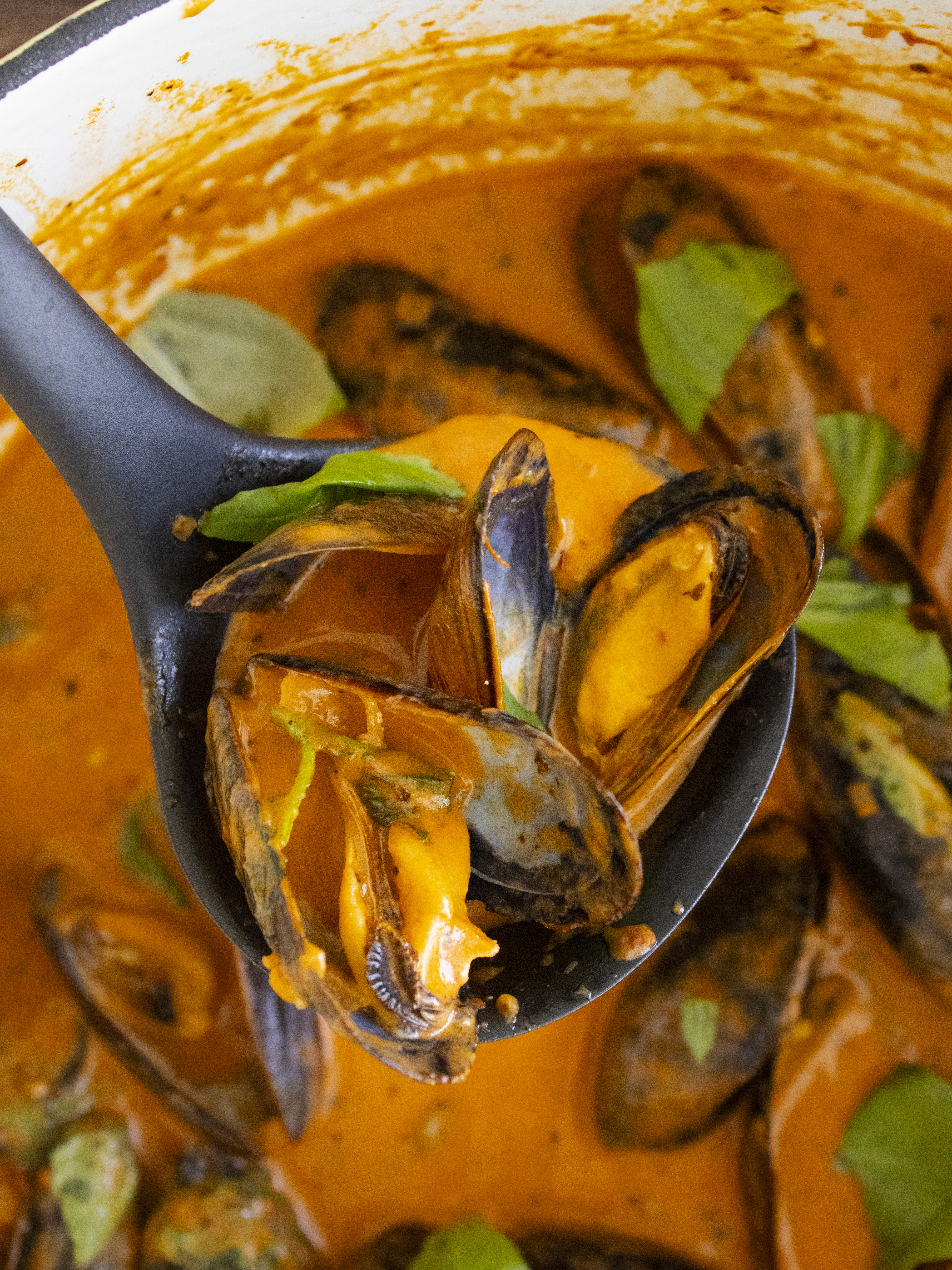 overhead close up of a ladle filled with Spicy Vodka Mussels