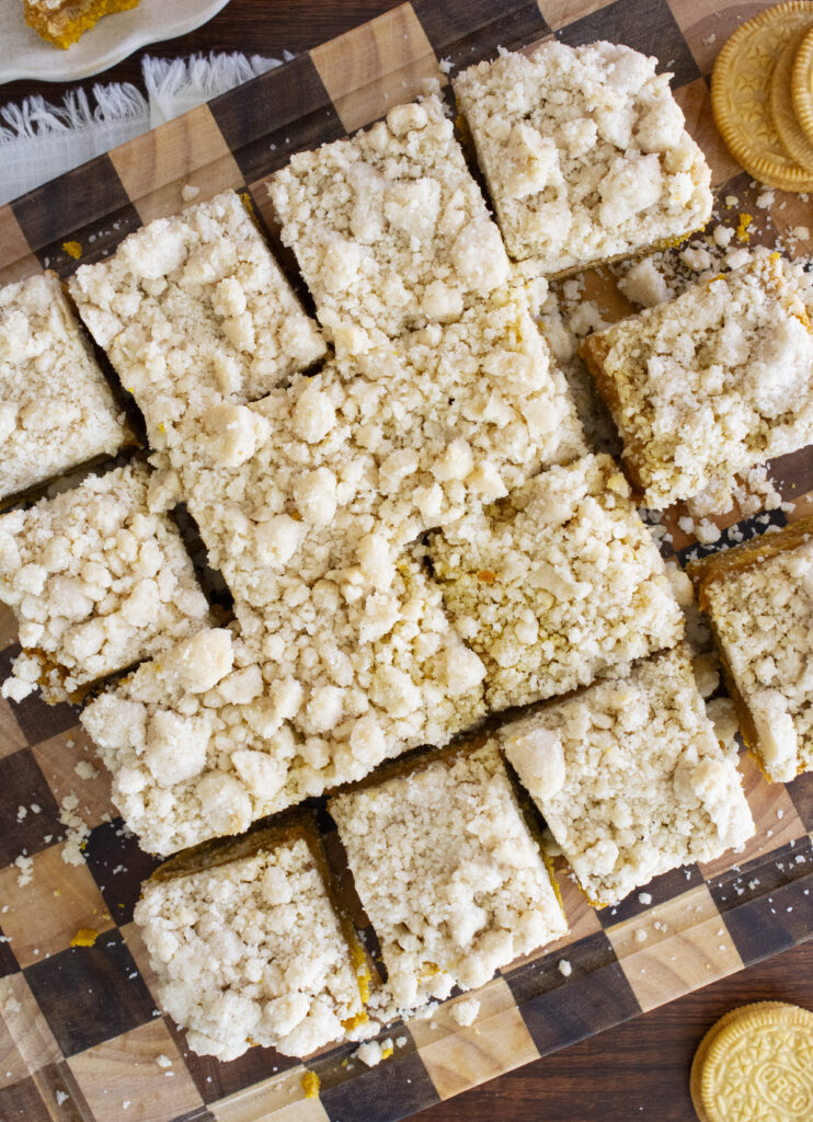overhead photo of the Pumpkin Crumb Bars cut into squares