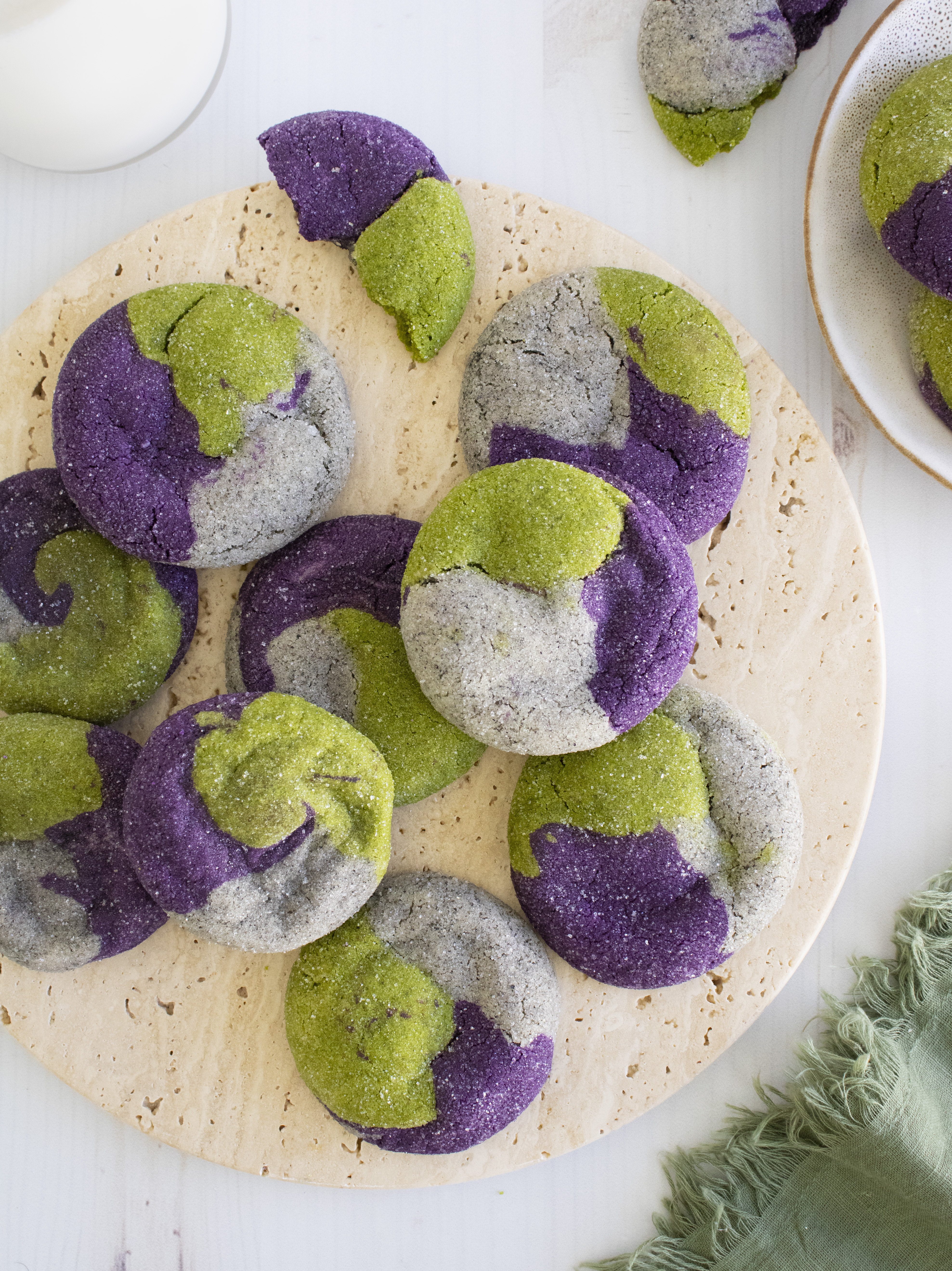 overhead photo of Ube, Matcha & Black Sesame Neapolitan Cookies