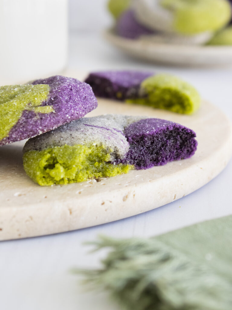 cross section of Ube, Matcha & Black Sesame Neapolitan Cookies