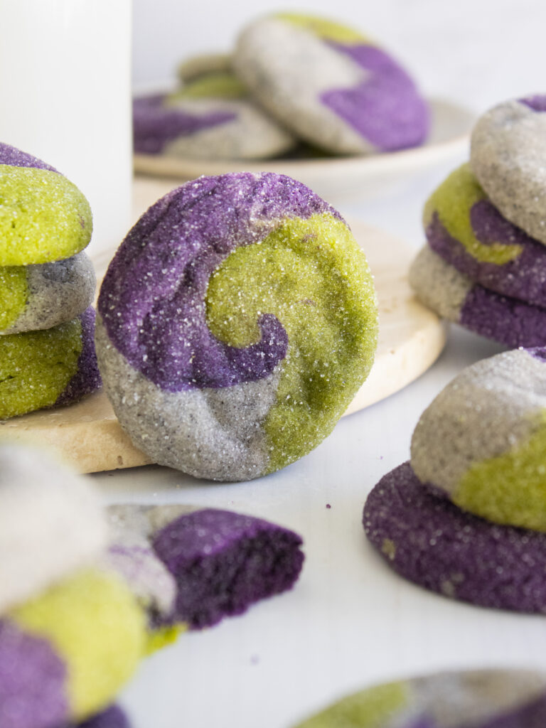 Ube, Matcha & Black Sesame Neapolitan Cookies standing on its side