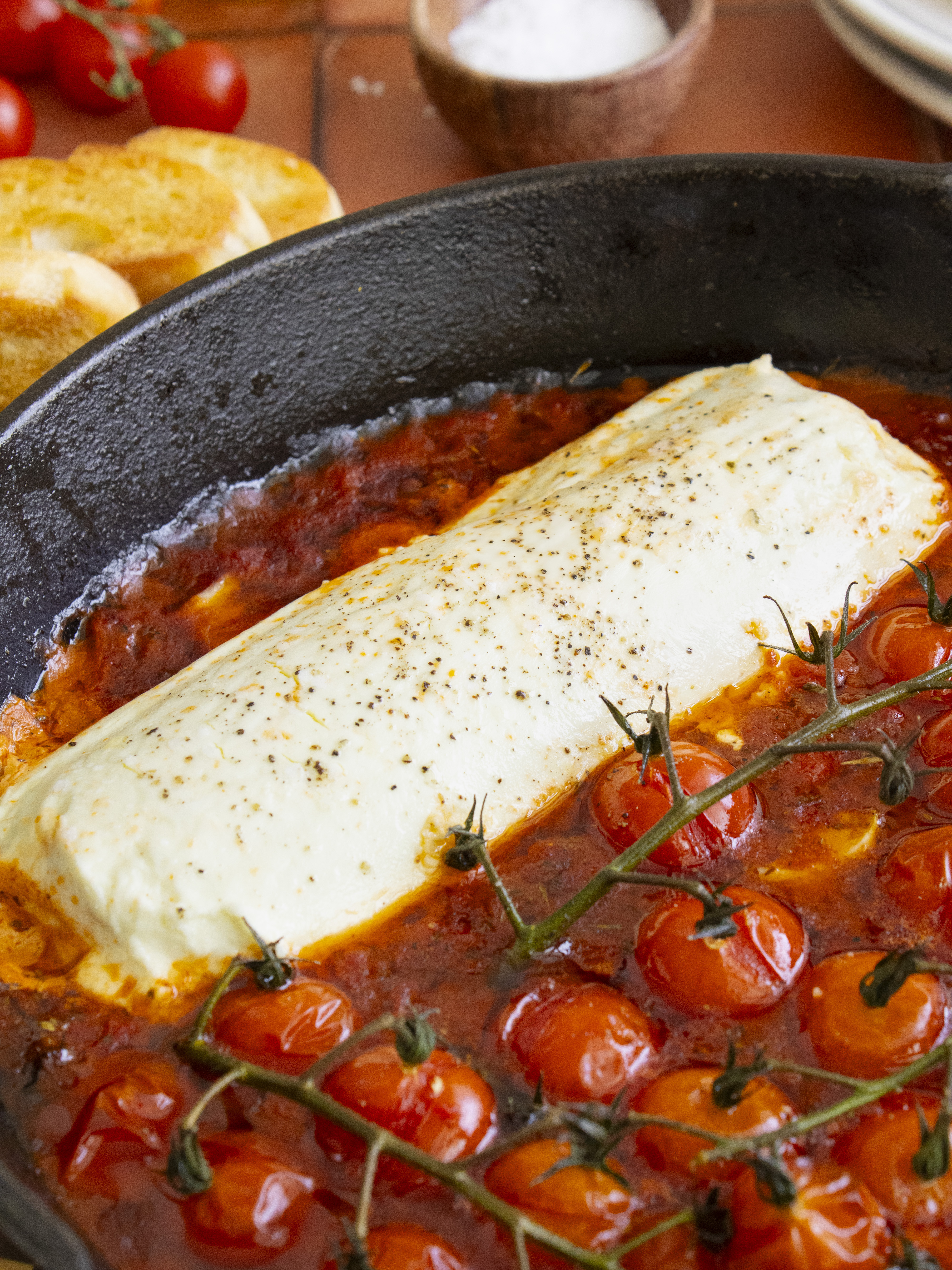 close up of the goat cheese in Baked Tomato Paprika Goat Cheese Dip