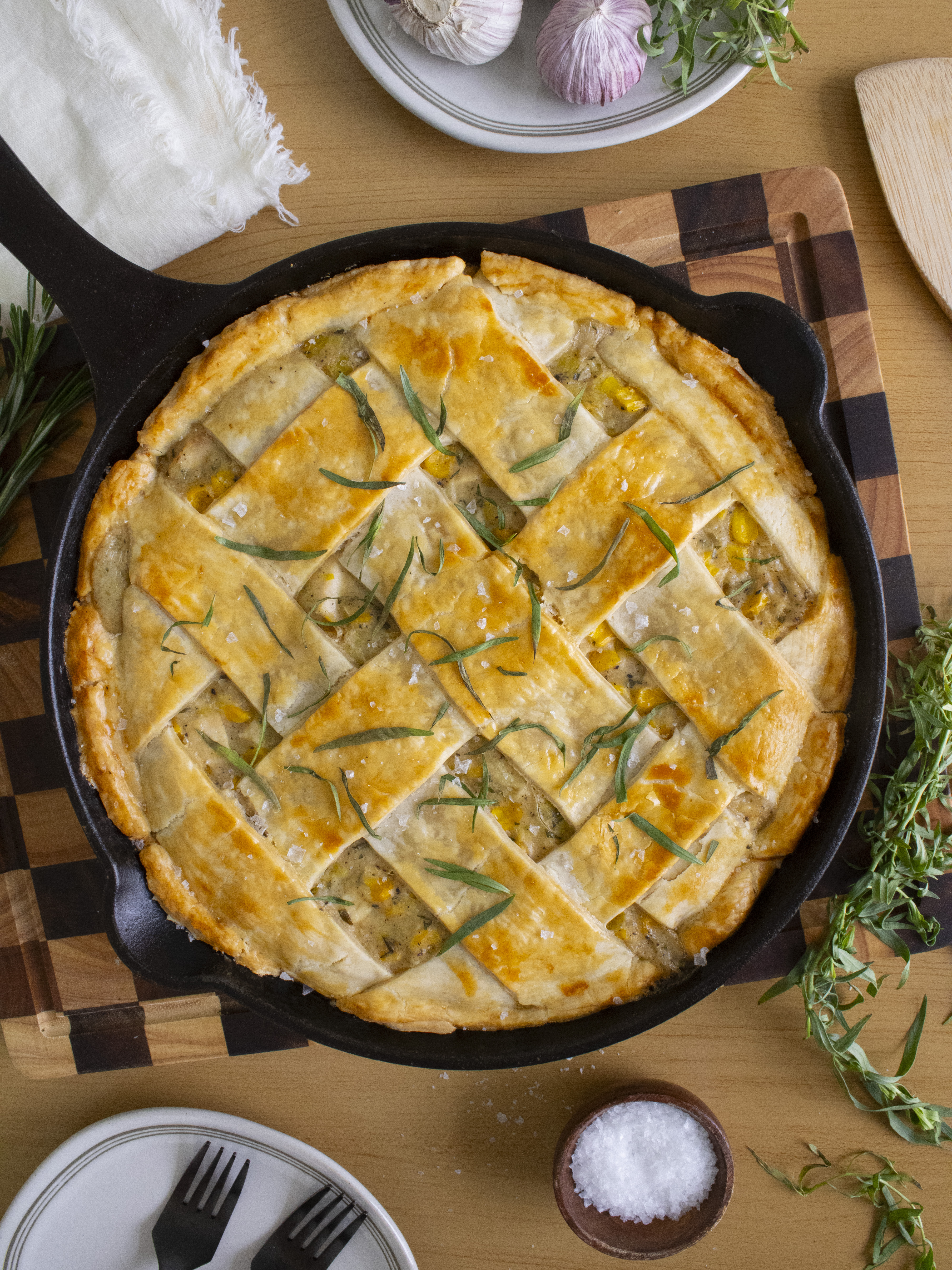 overhead photo of Creamy Chicken and Corn Pie 