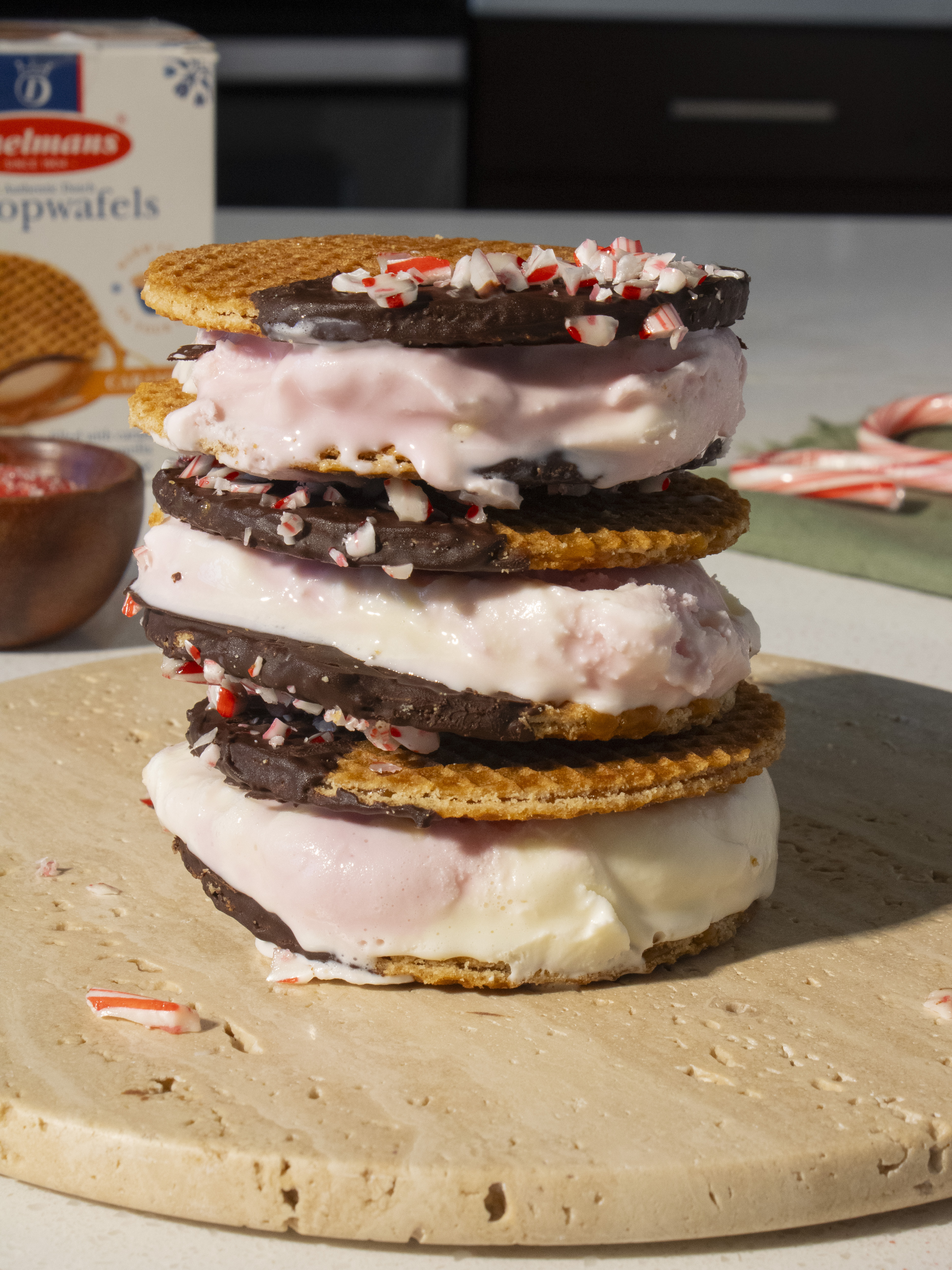 3 Peppermint Stroopwafel Ice Cream Sandwiches stacked on top of each other