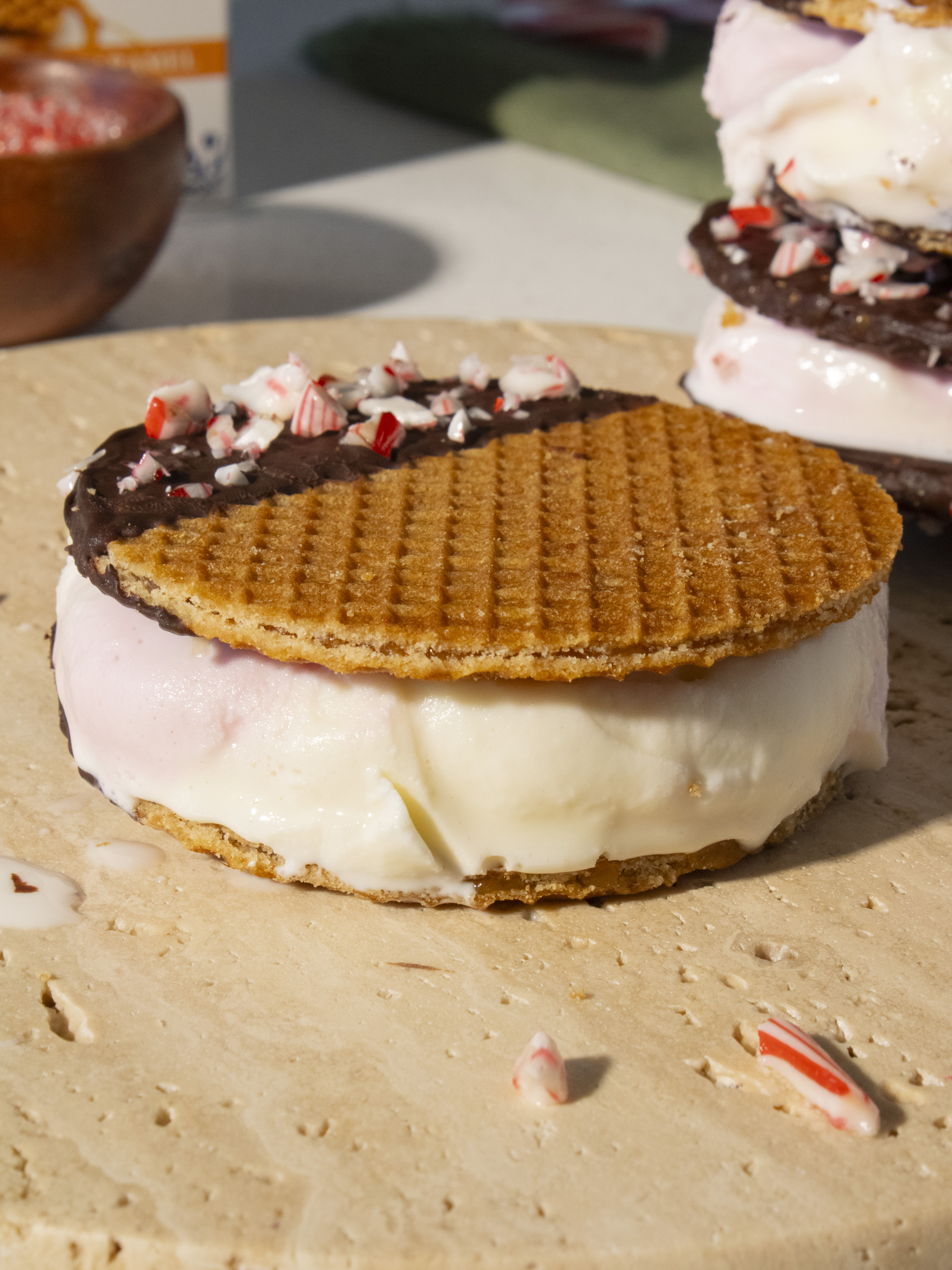 close up of the side profile of Peppermint Stroopwafel Ice Cream Sandwiches