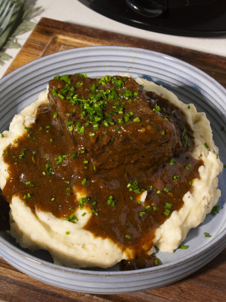 Slow Cooker Miso Five Spice Short Ribs served over mashed potatoes