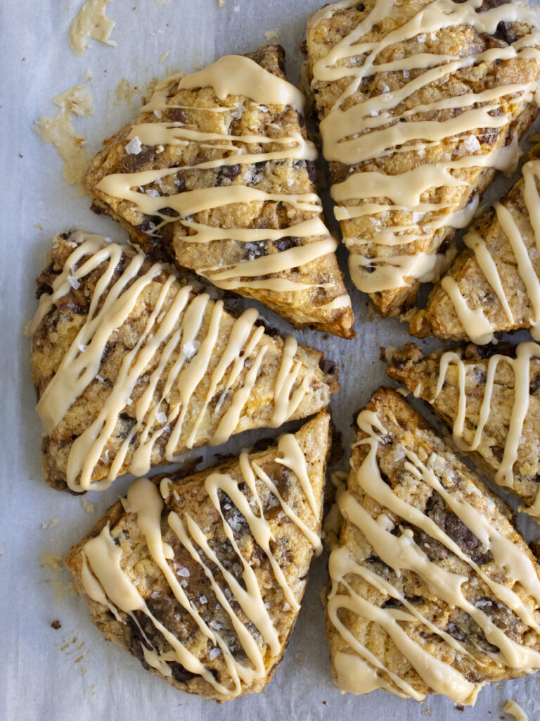 overhead photo of Banoffee Scones  placed in a circle
