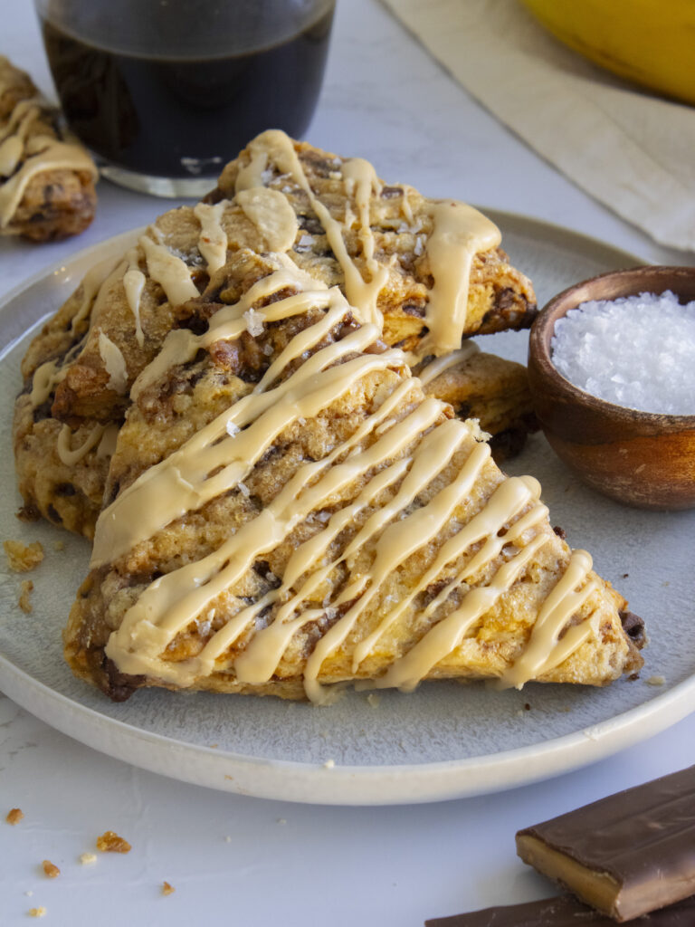 photo of Banoffee Scones stack on top and against each other