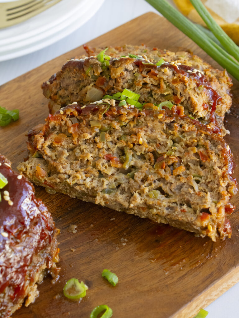 close up of Gochujang Meatloaf slices