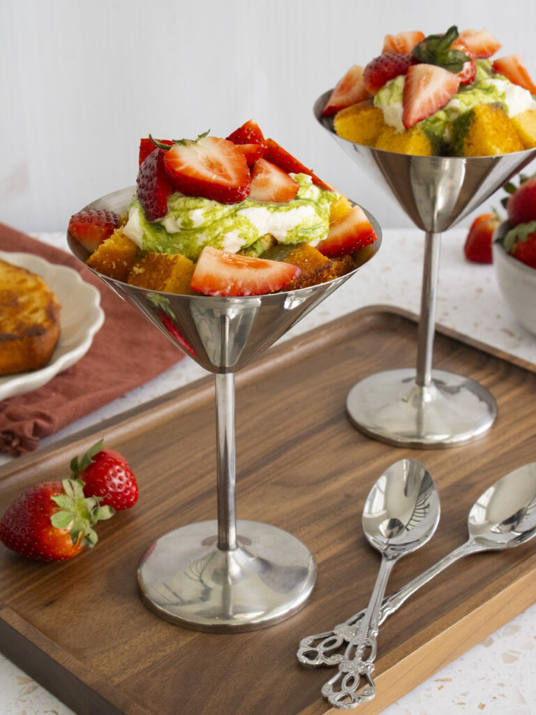 2 Strawberry Matcha Trifle Cups on a serving tray