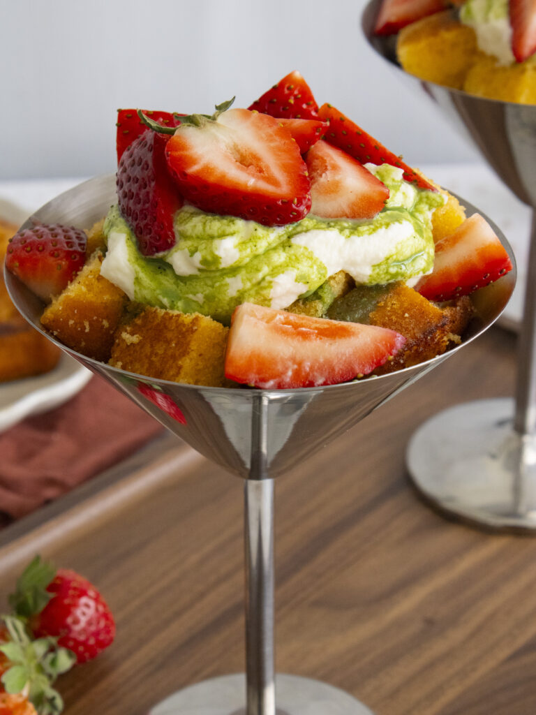 close up of Strawberry Matcha Trifle Cups