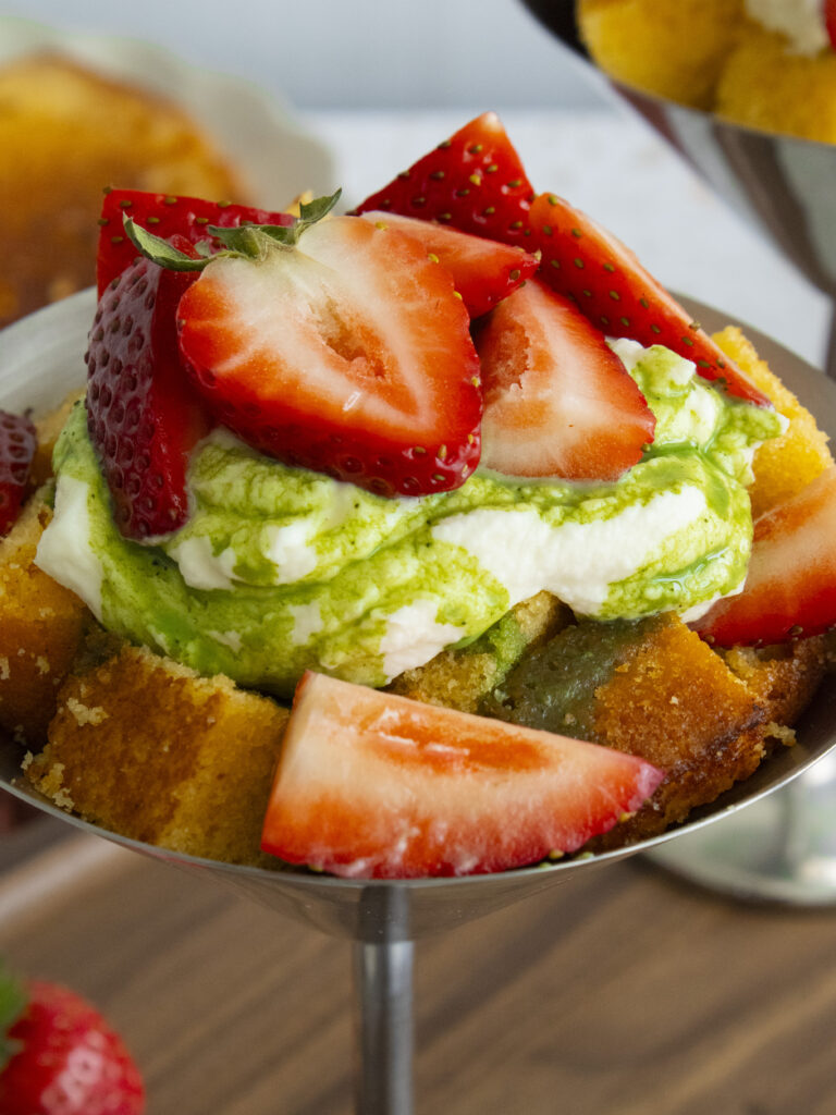 close up of Strawberry Matcha Trifle Cups