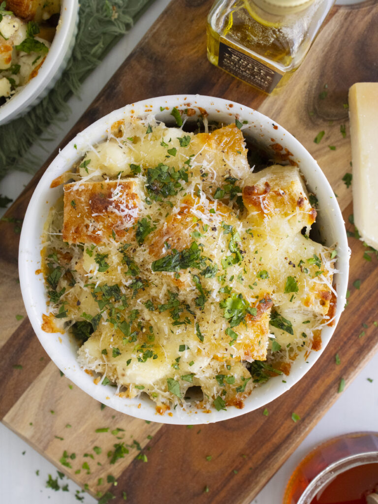 overhead photo of Truffle Cheese Bread baked in ramekin