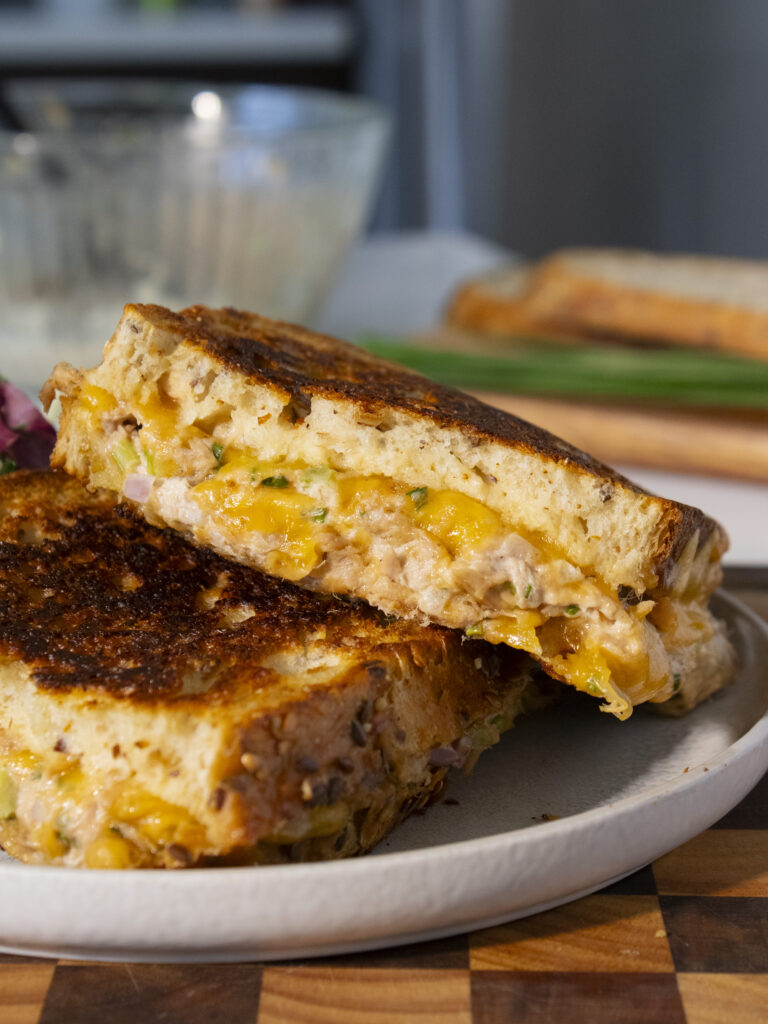 close up of classic tuna melt cross sections