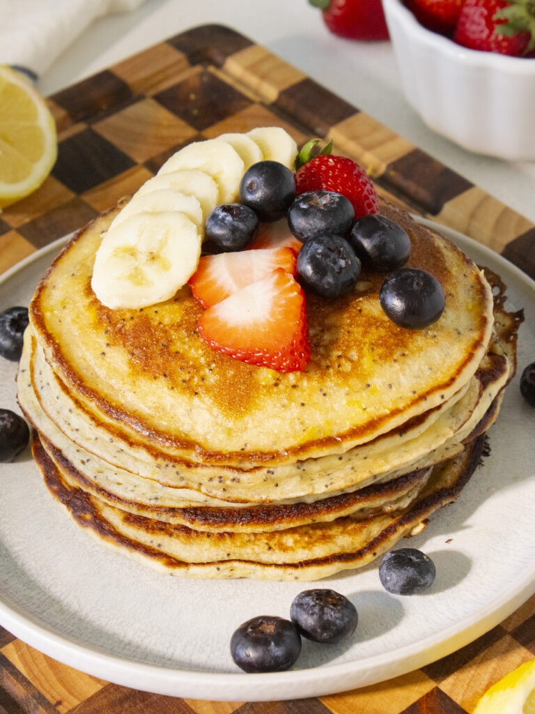 45 degree angle shot of Lemon Poppyseed Pancakes