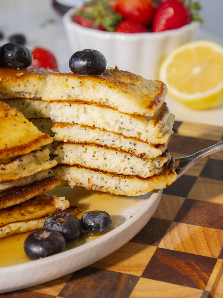 fork bite of Lemon Poppyseed Pancakes