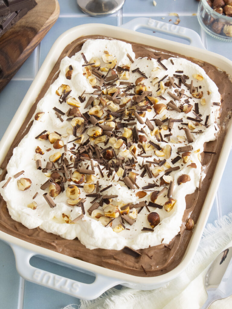 45 degree angle photo of Chocolate Hazelnut Banana Pudding