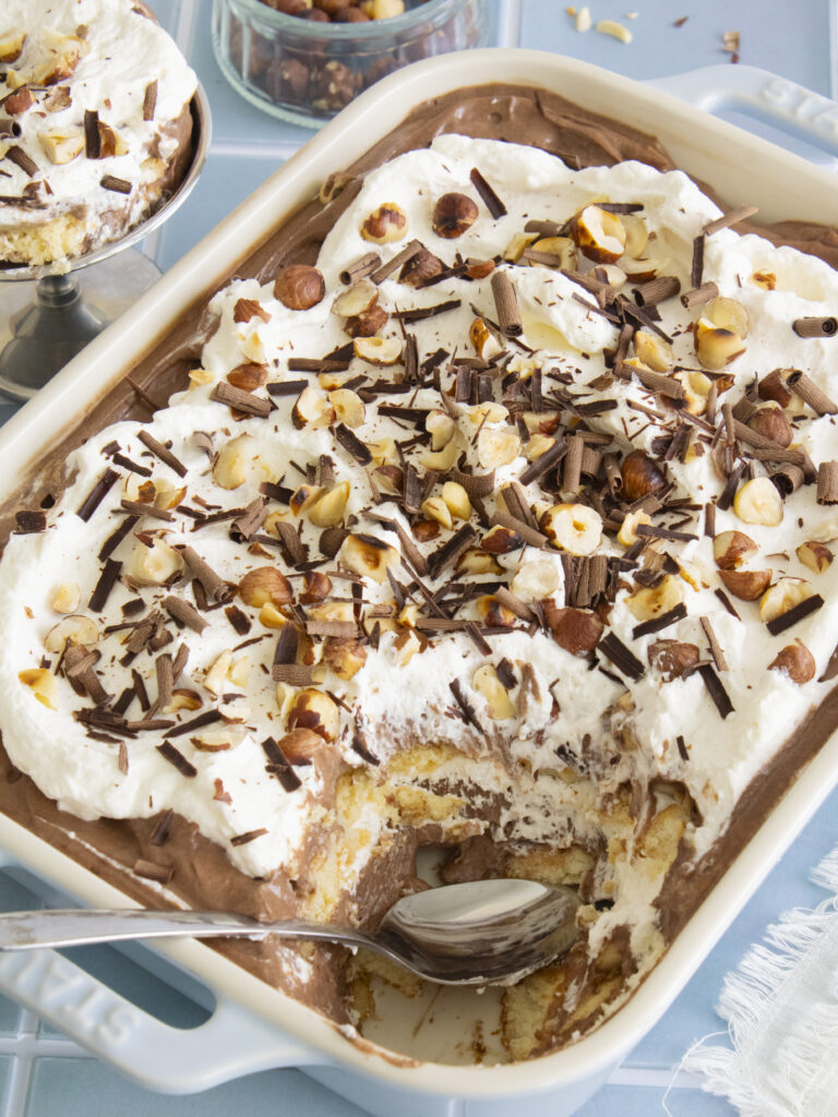 Chocolate Hazelnut Banana Pudding with a scoop taken out