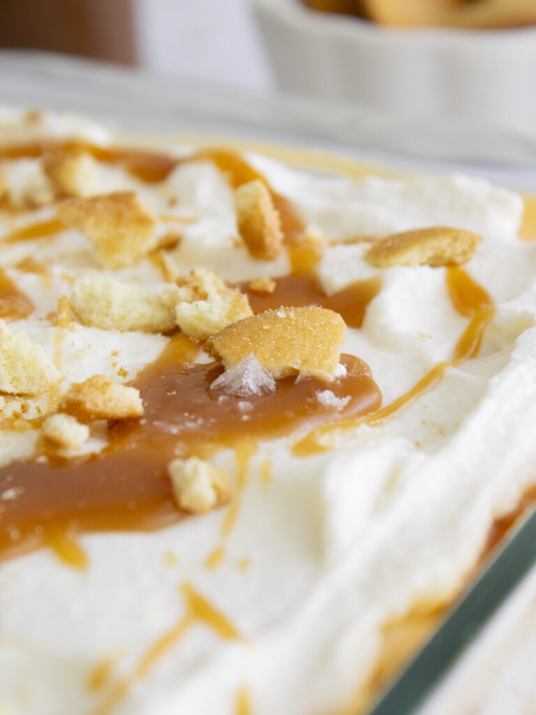 close up of vanilla wafer and flaky salt on top of Salted Miso Caramel Banana Pudding
