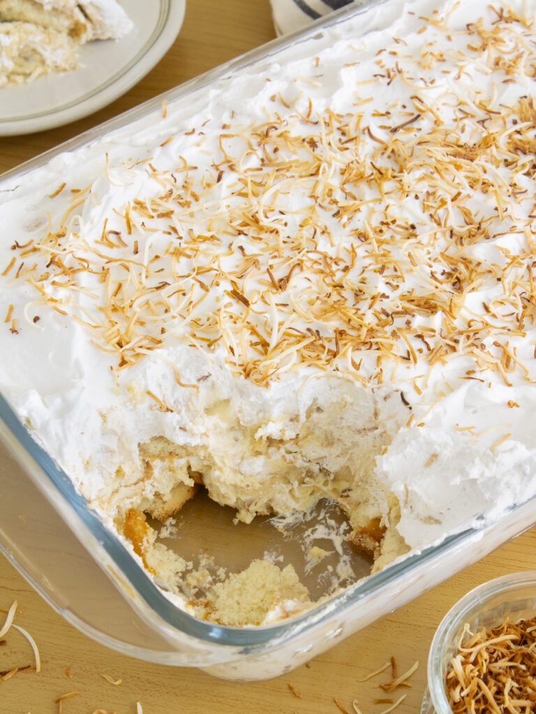 Coconut Cream Banana Pudding with a scoop taken out