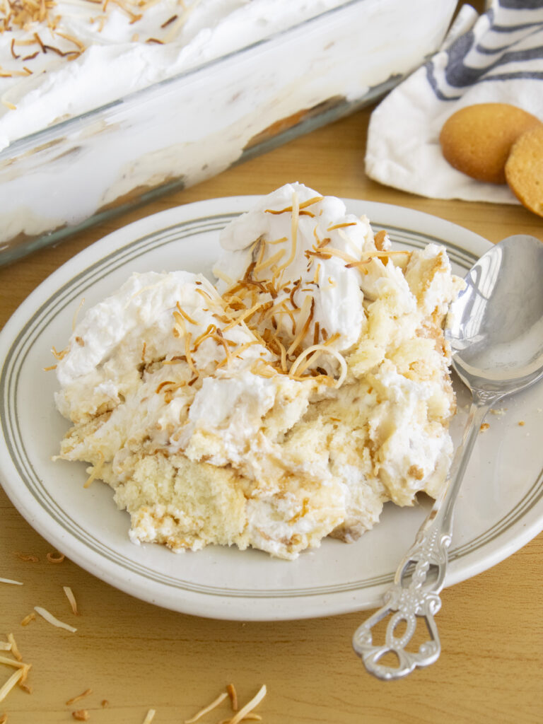 scoop of Coconut Cream Banana Pudding on a plate