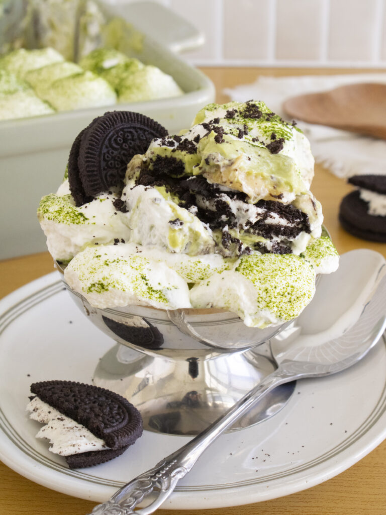Matcha Oreo Banana Pudding scooped into a cup