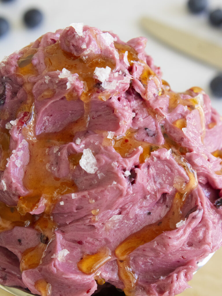 high angle close up looking down on the top of the Whipped Blueberry Butter mound