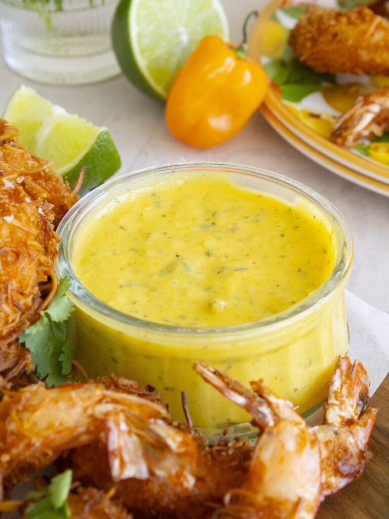 close up of Coconut Shrimp with Mango Habanero Aioli but focus is on aioli