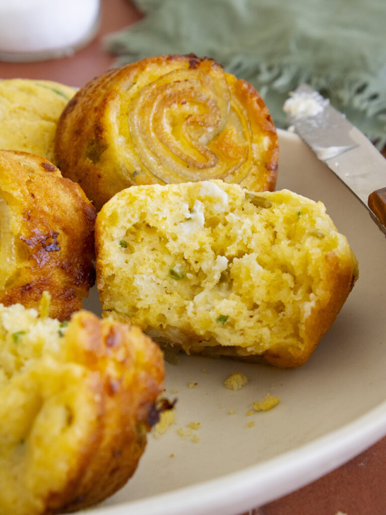 clopse up of Upside-Down Shallot & Green Chile Cornbread cut in half