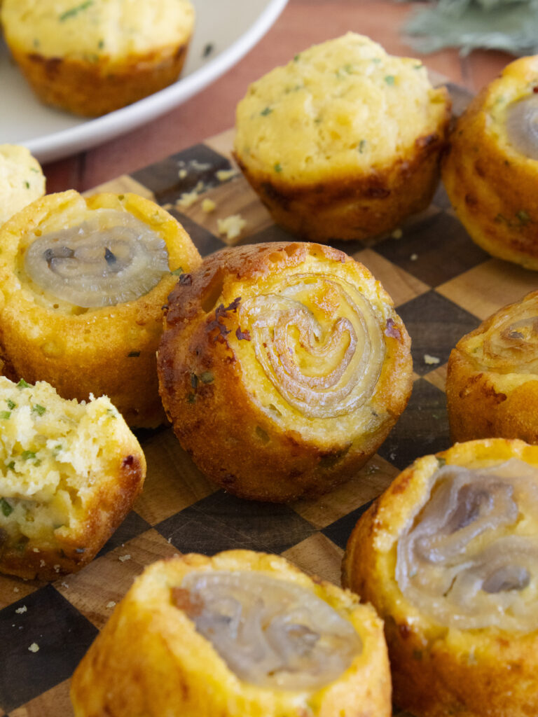 close up of Upside-Down Shallot & Green Chile Cornbread