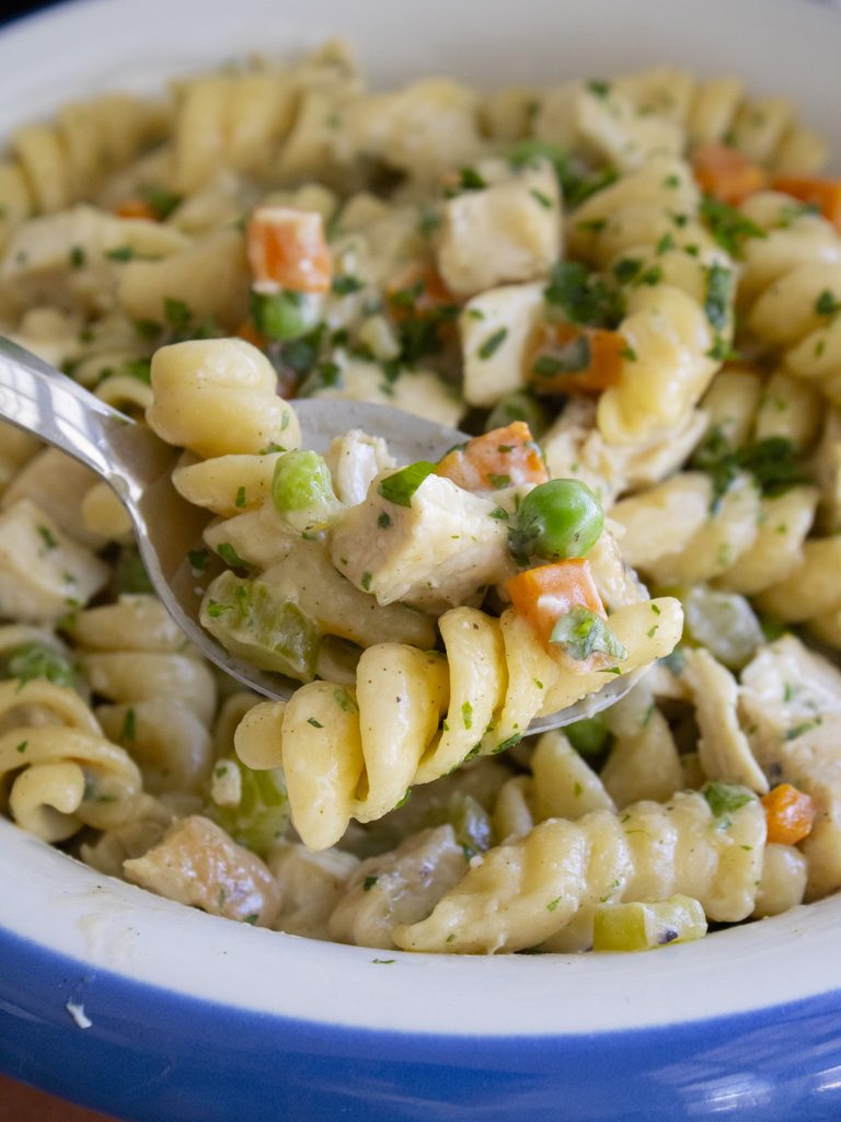 close up of a spoonful of One Pan Chicken Pot Pie Pasta