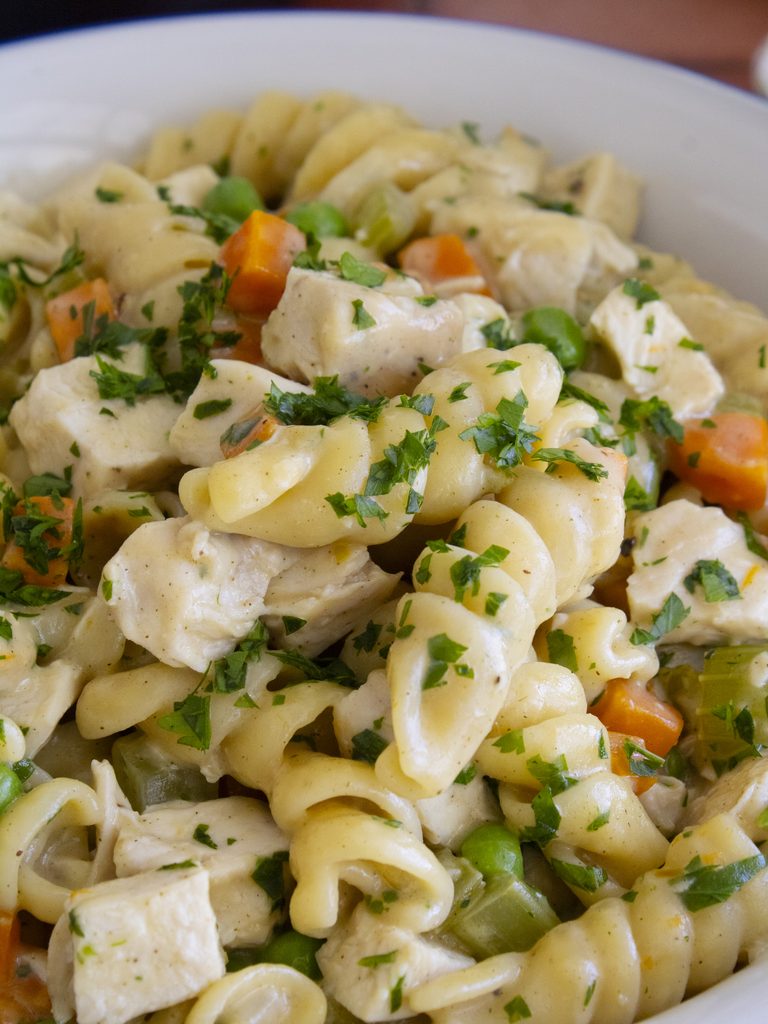 close up of pasta in One Pan Chicken Pot Pie Pasta