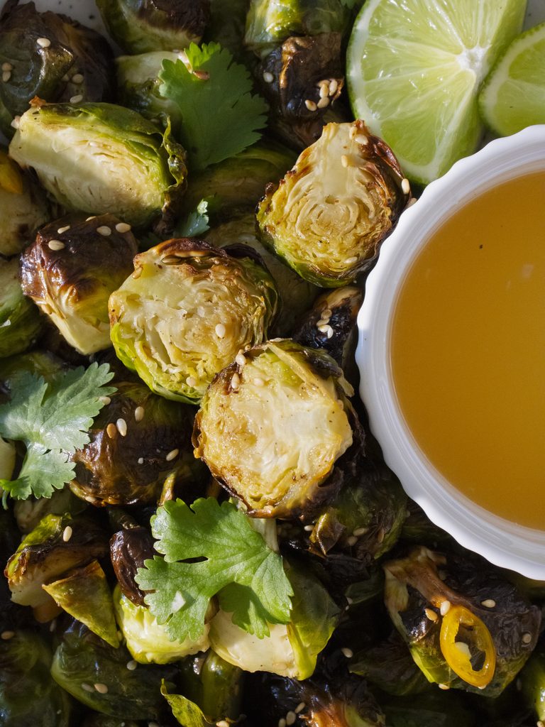 close up of Crispy Nuoc Cham Brussels Sprouts