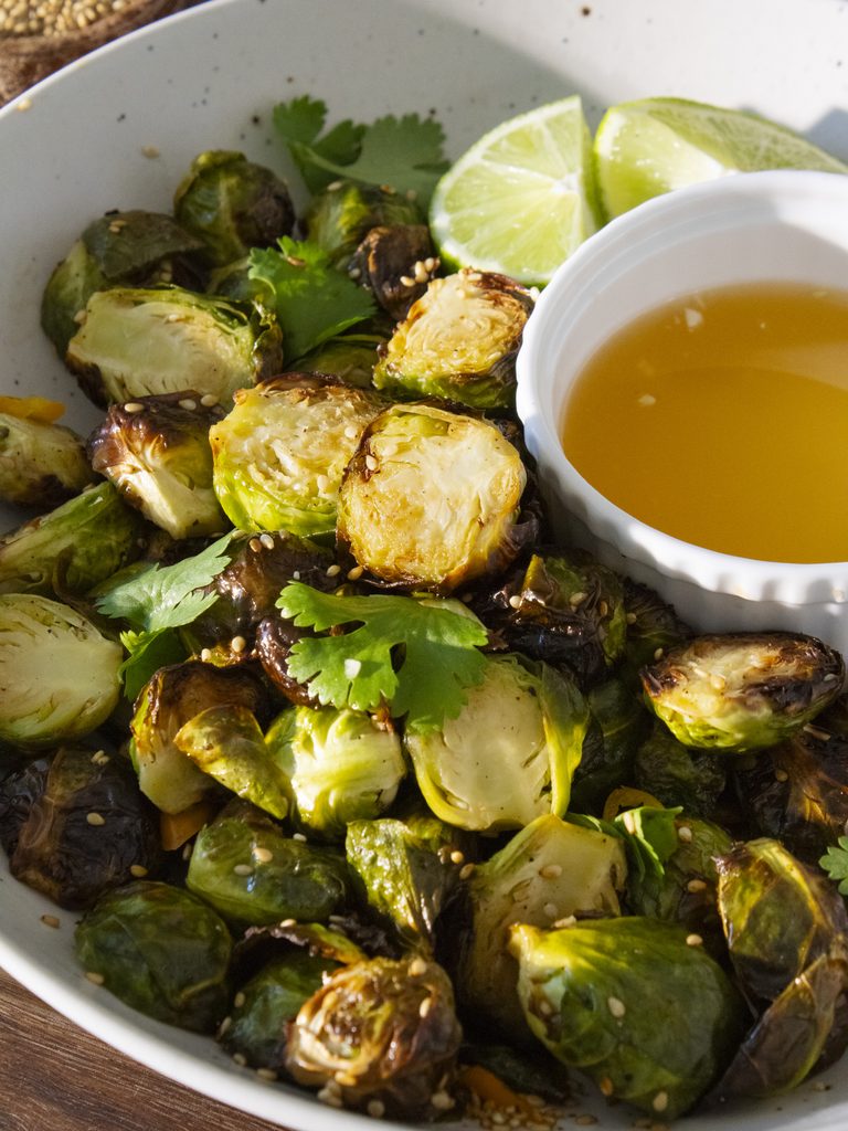 Crispy Nuoc Cham Brussels Sprouts in a serving bowl