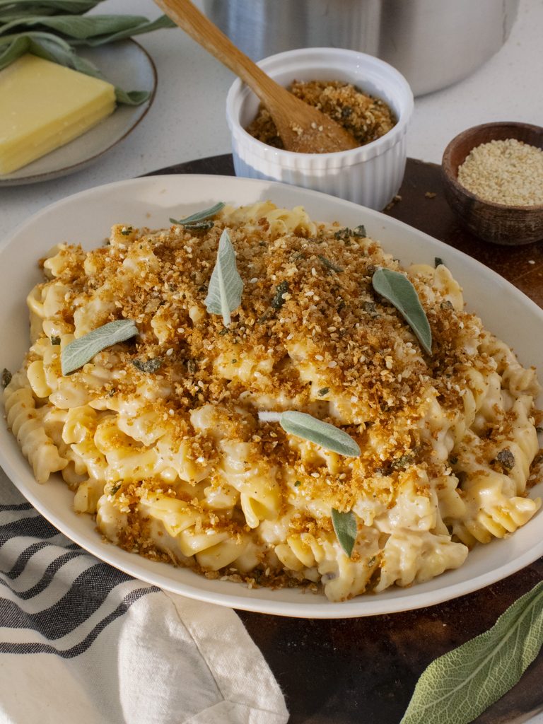 45 degree angle shot of White Cheddar Miso Mac and Cheese on a dish