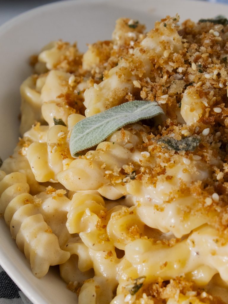 close up of pasta in White Cheddar Miso Mac and Cheese 