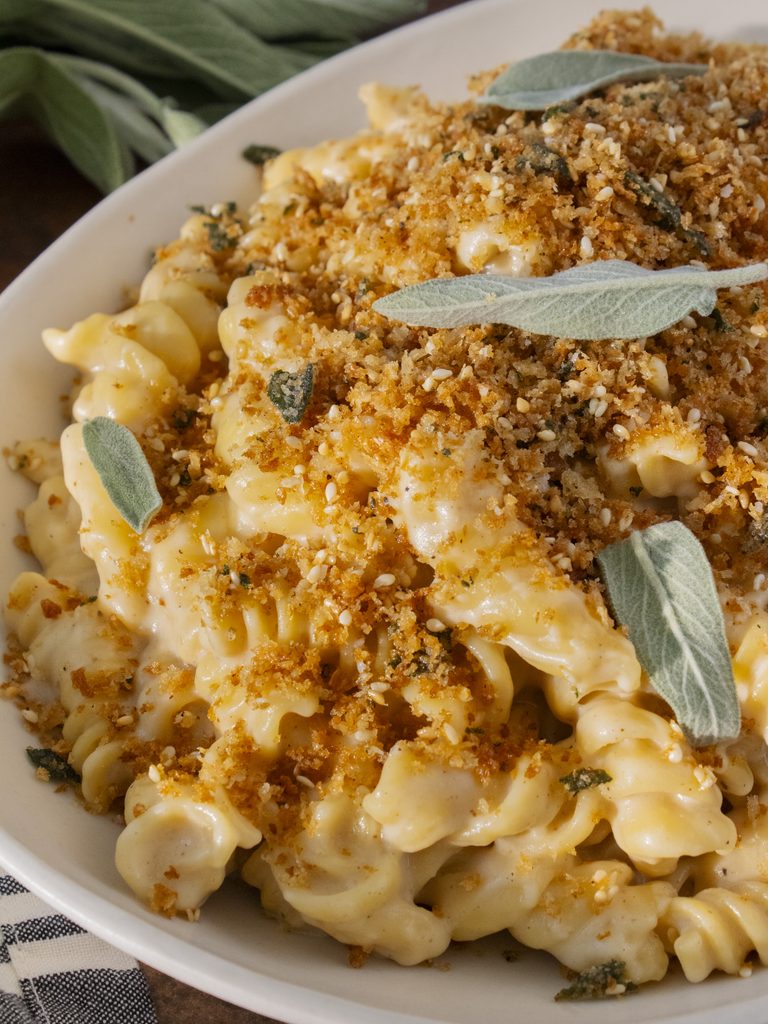 close up of White Cheddar Miso Mac and Cheese 